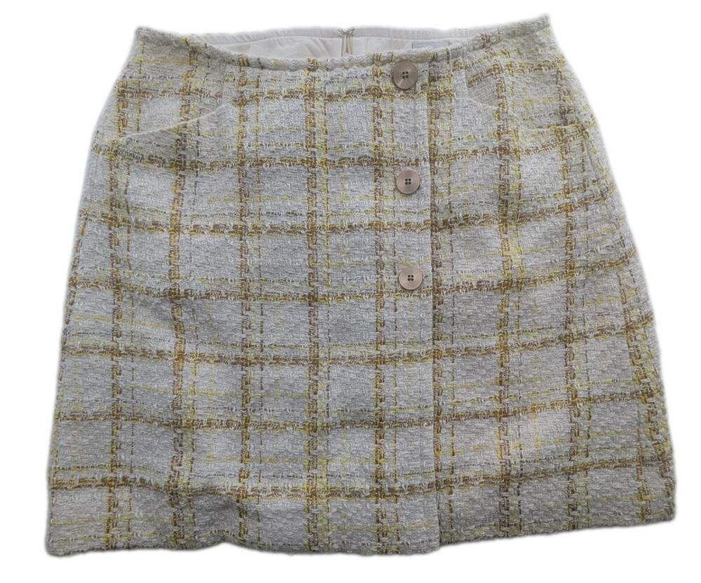 Cabi Coco Women's Size 4 Tailored Button Accent Plaid Yellow/White Skirt